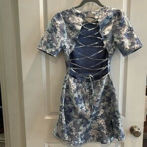 Lulu’s Blue Floral Lace Up Cocktail Mini Dress